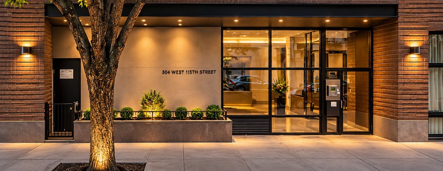 The entrance at 304 West 115th Street at dusk